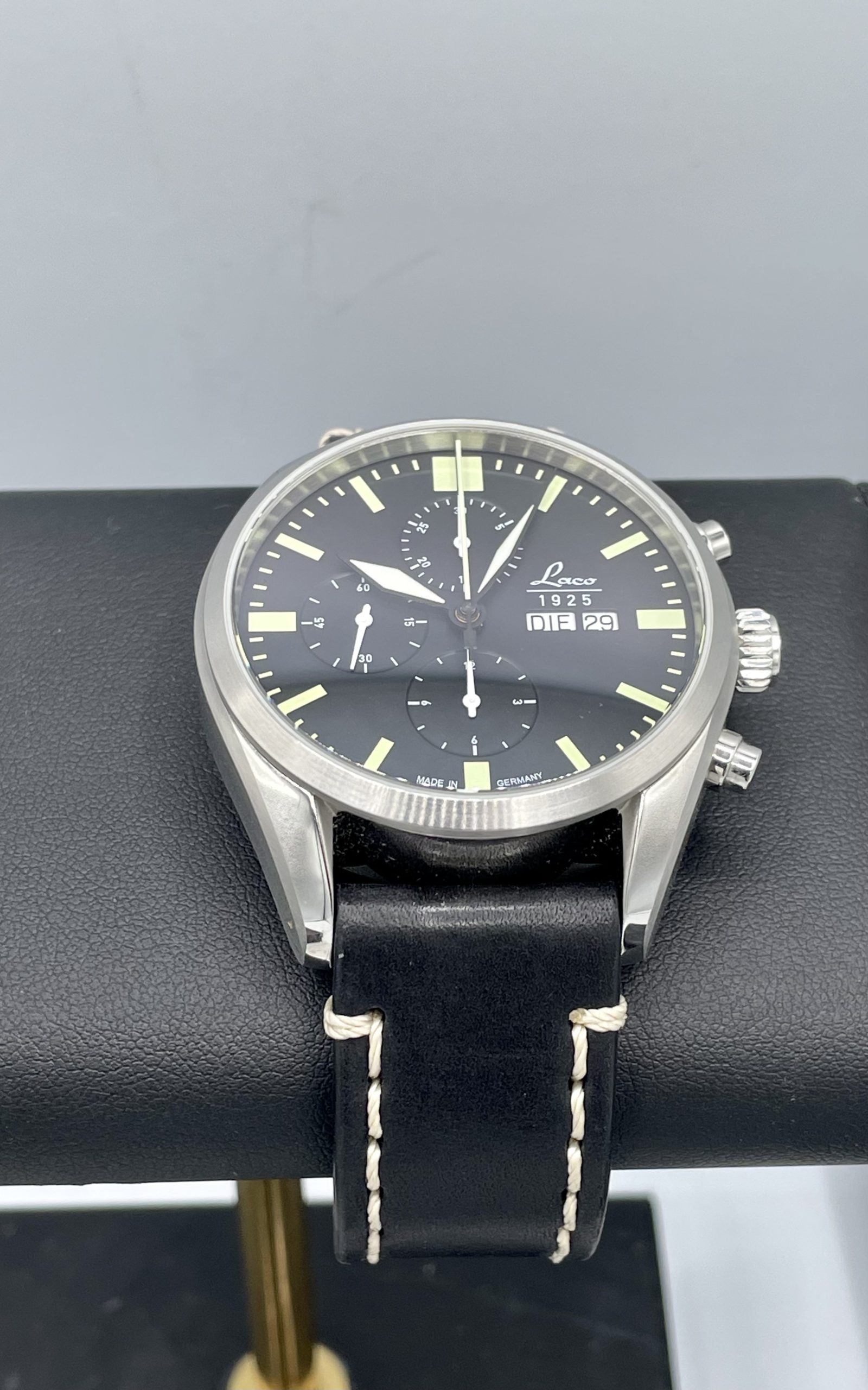 2510 Laco ラコ 1925 稼働品 クオーツ SS 革 ドイツ製 腕時計 ブラック 